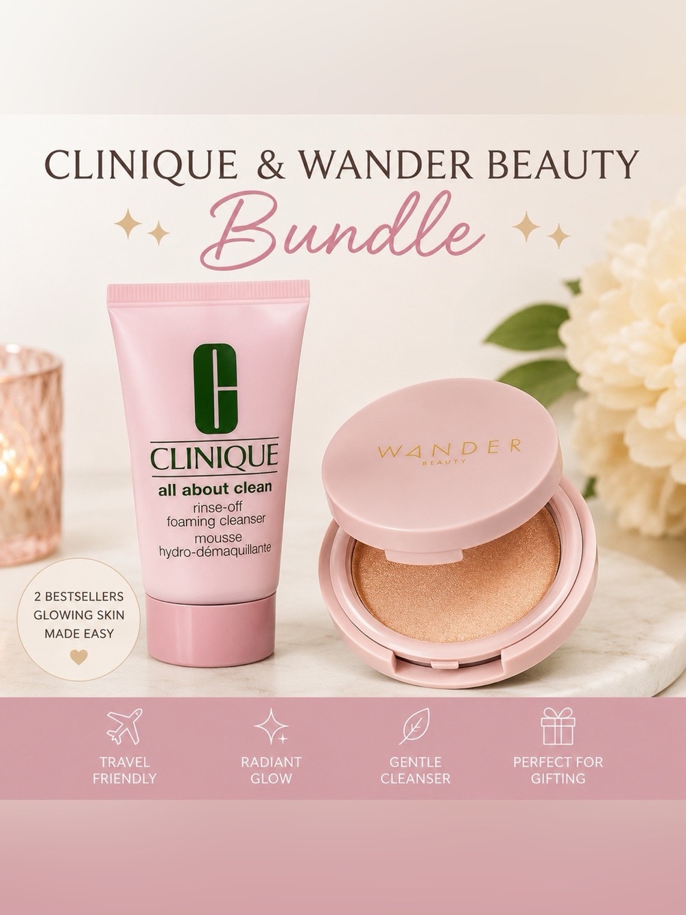 Clinique All About Clean Foaming Cleanser + Wander Beauty Highlighter Bundle